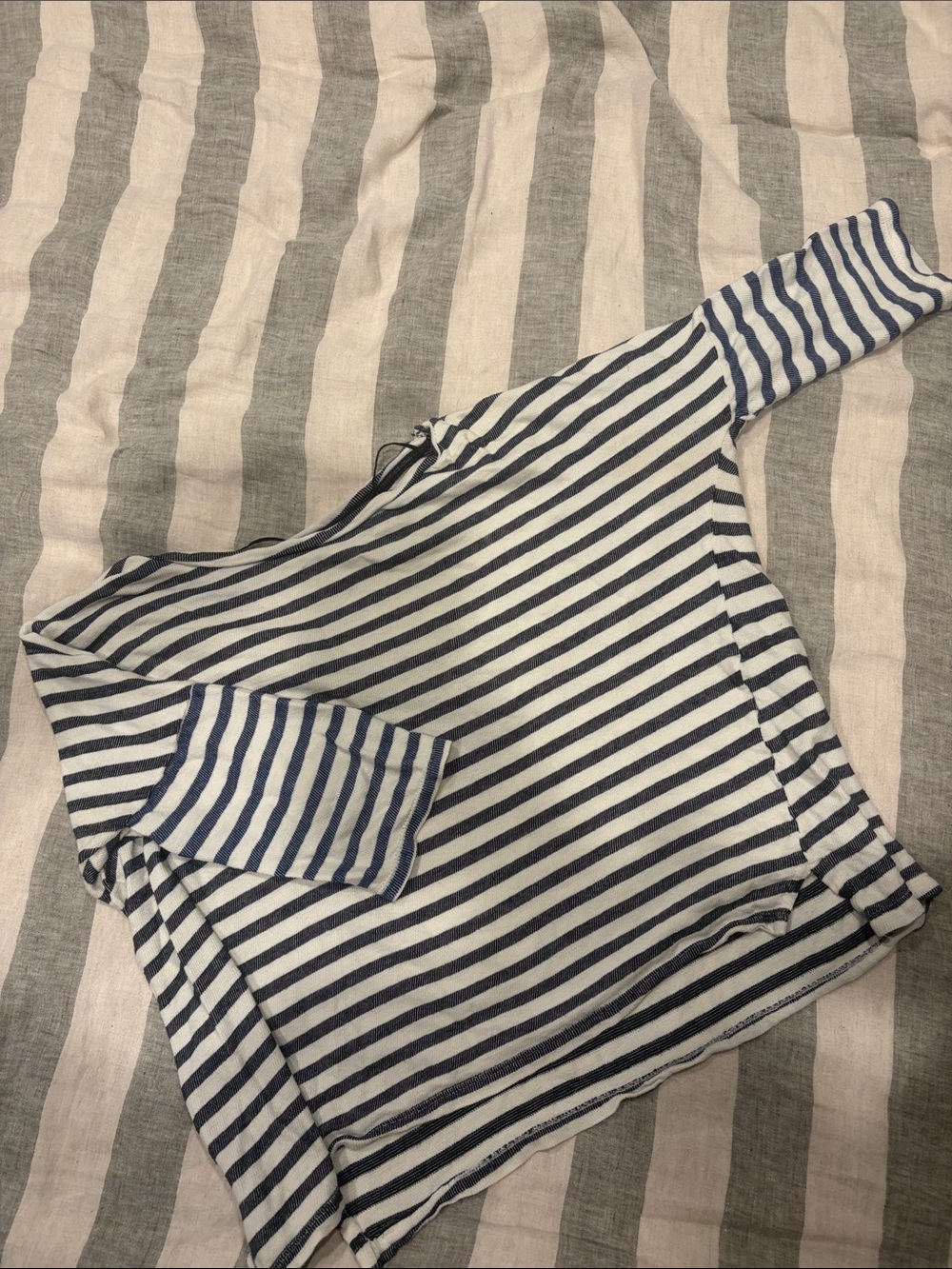 Zara Navy and White Striped Off-Shoulder Long Sleeve Top